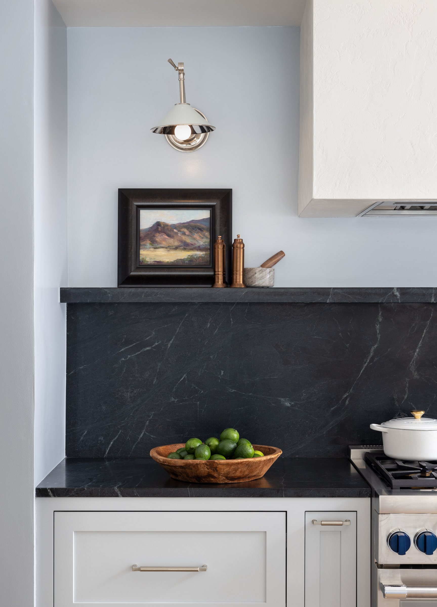 Kitchen with a dark soapstone counter, built by Mosher Dolan