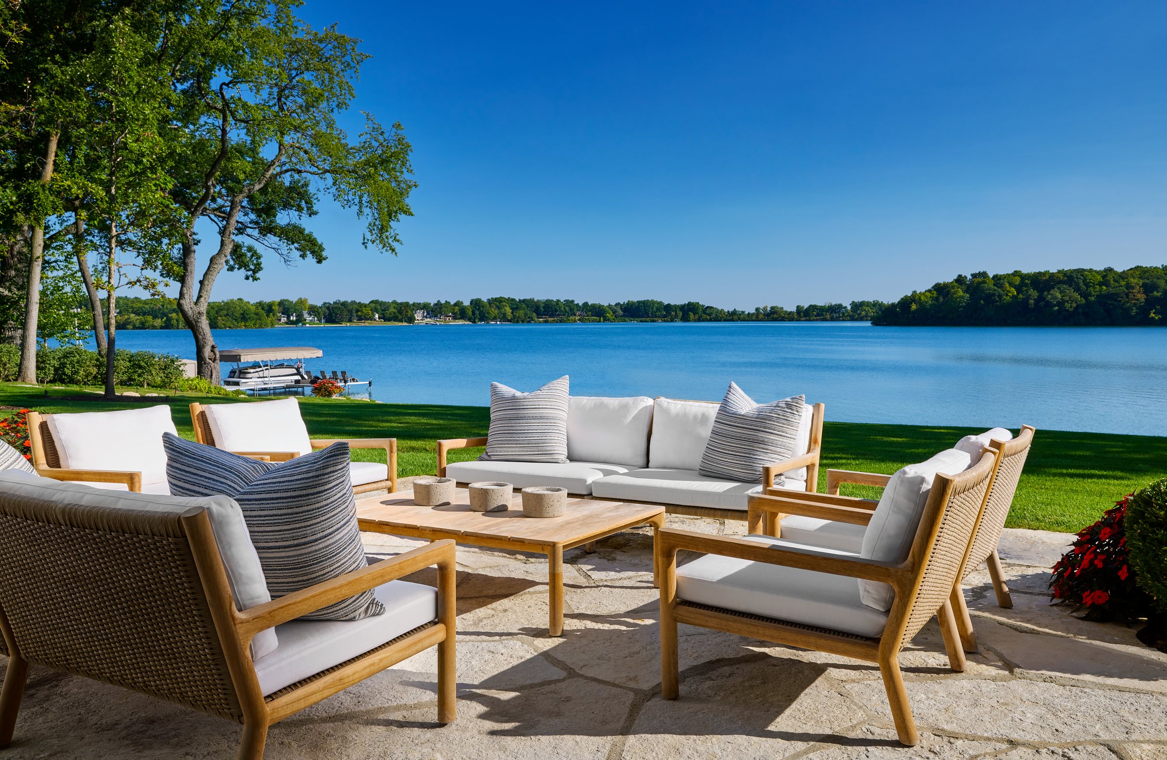 Lakeside terrace with lounge seating