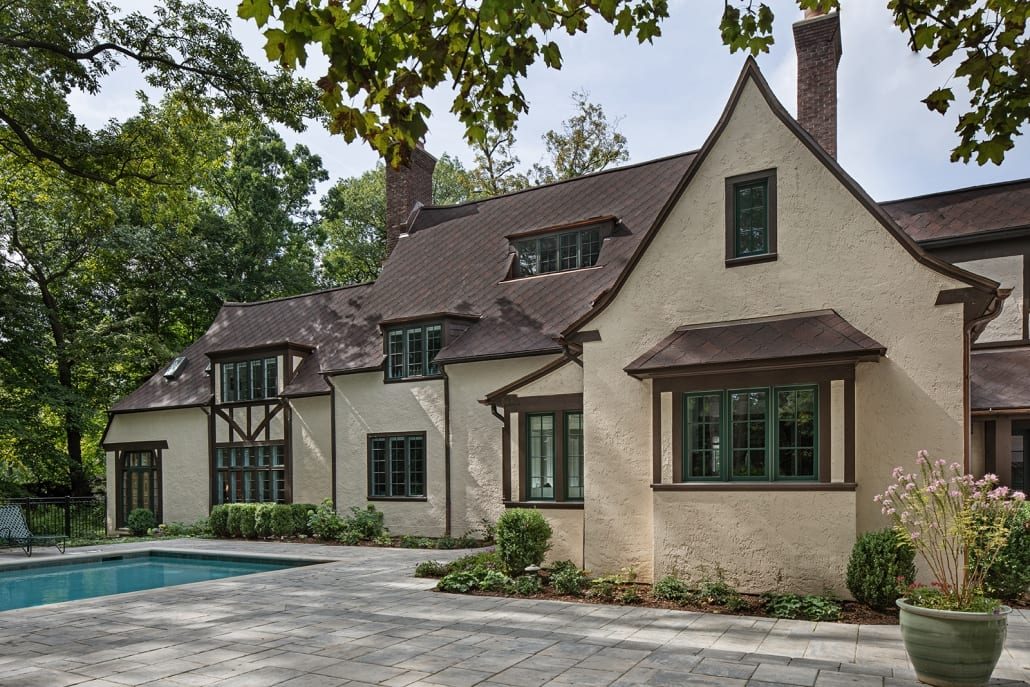 Exterior at the English Tudor renovation