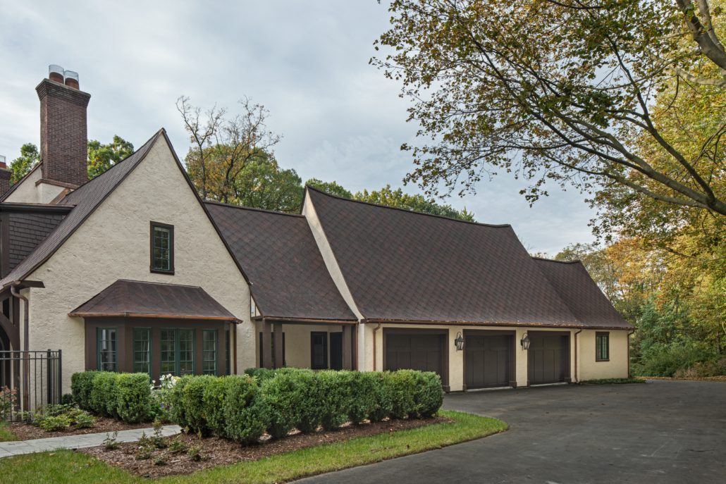 Exterior at the English Tudor renovation