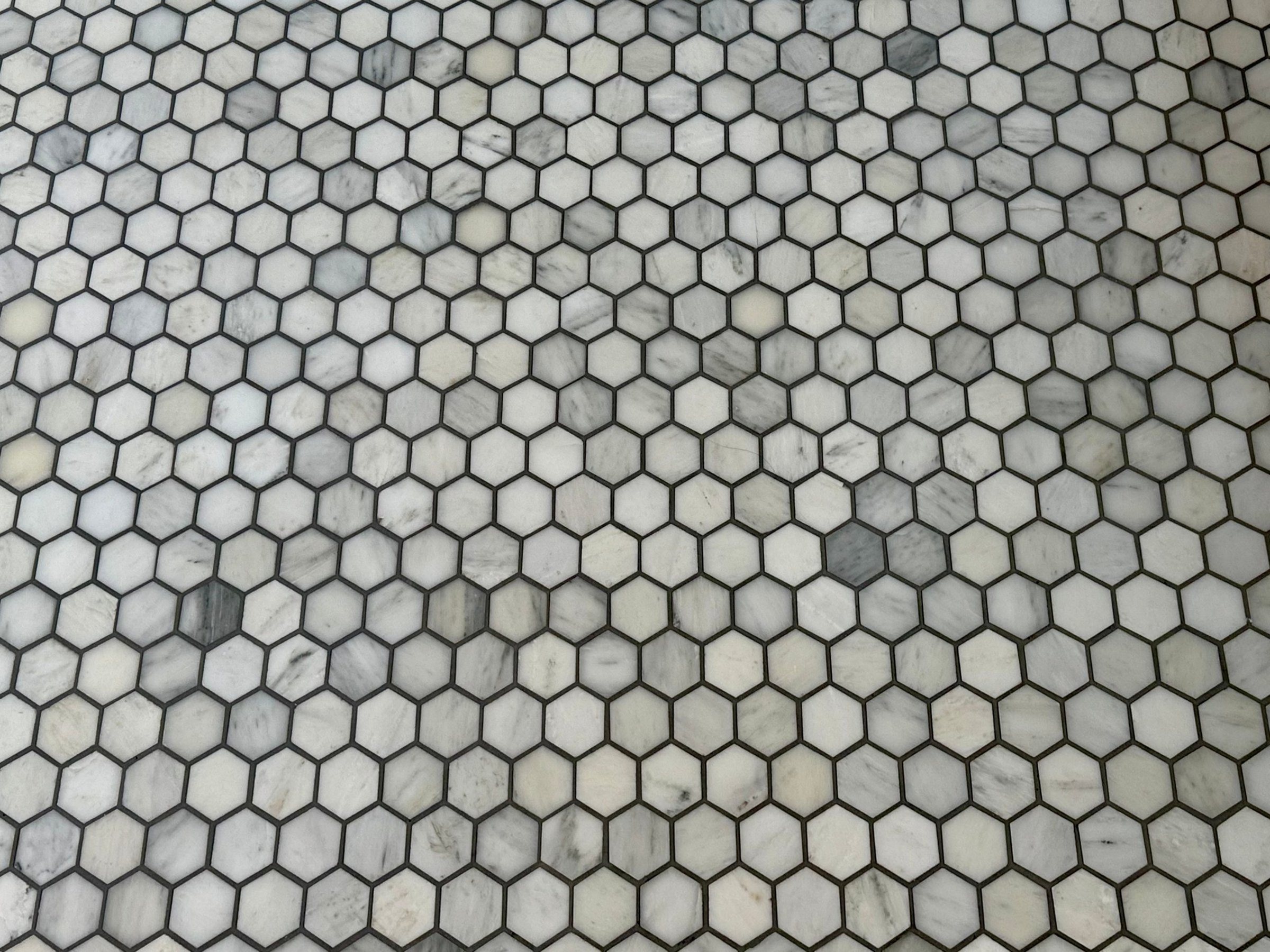 Hexagonal marble mosaic floor with dark grout